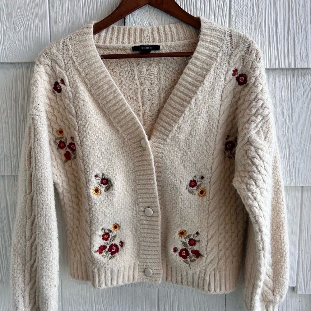 Forever 21 Cream Cable Knit Cardigan with Floral Embroidery